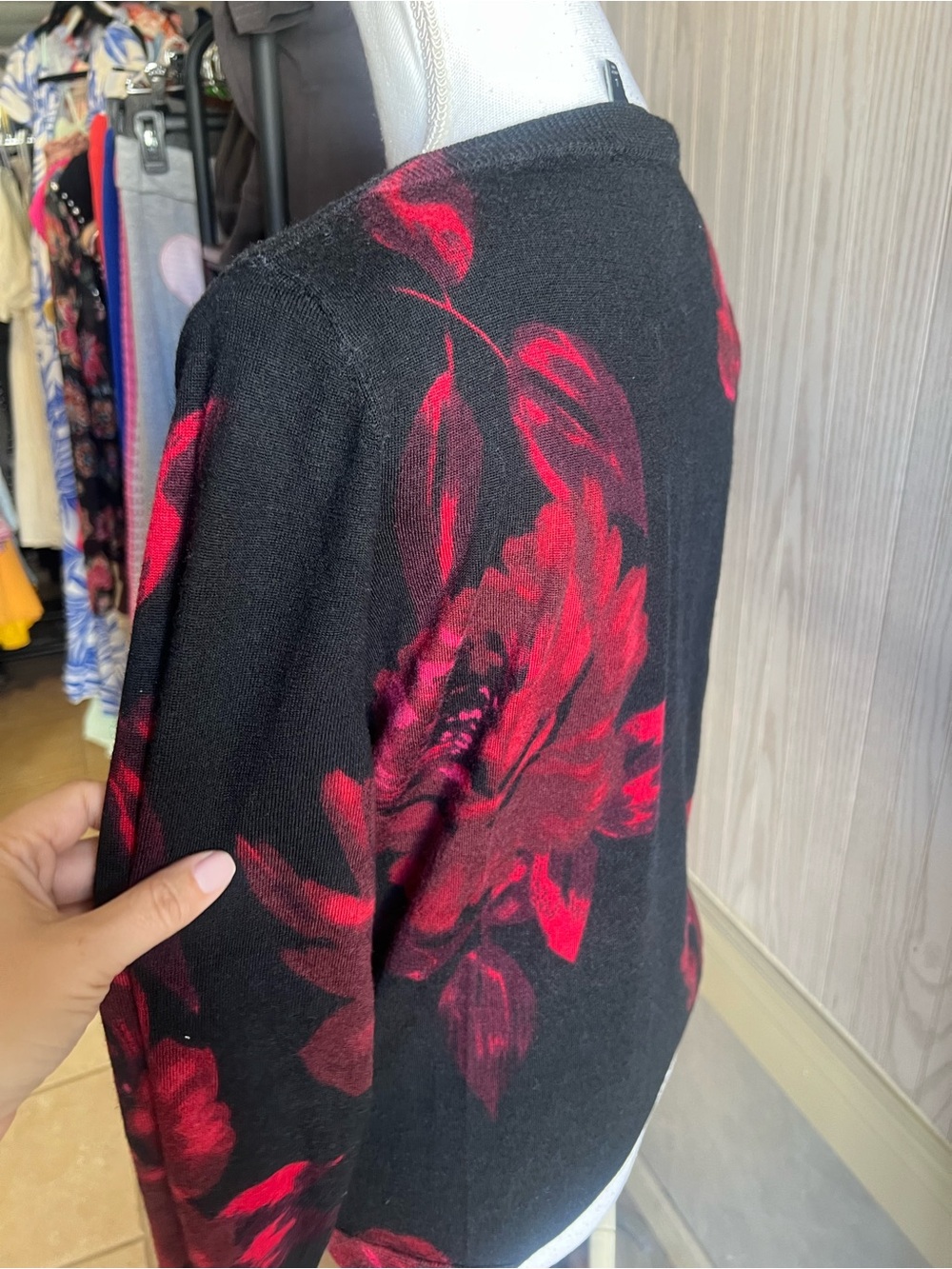 Talbots Merino Wool Black Sweater with Red Floral Print - Crew Neck - Picture 7 of 7